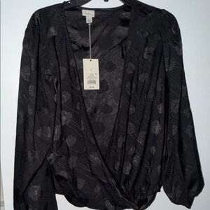 A New Day Black Floral Wrap Blouse